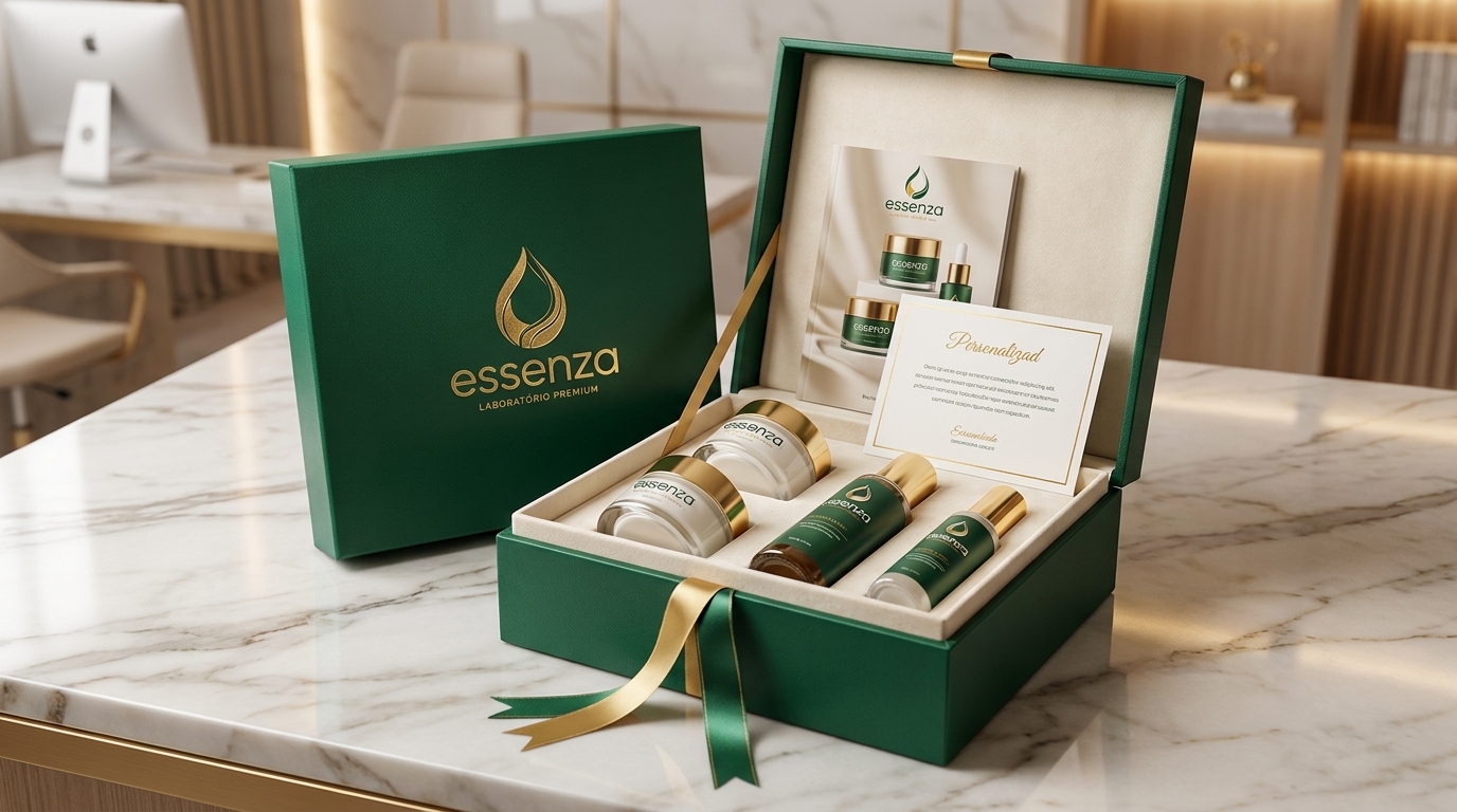 Box premium Essenza aberta sobre mármore — frascos dourados, cartão personalizado e fita verde com dourado