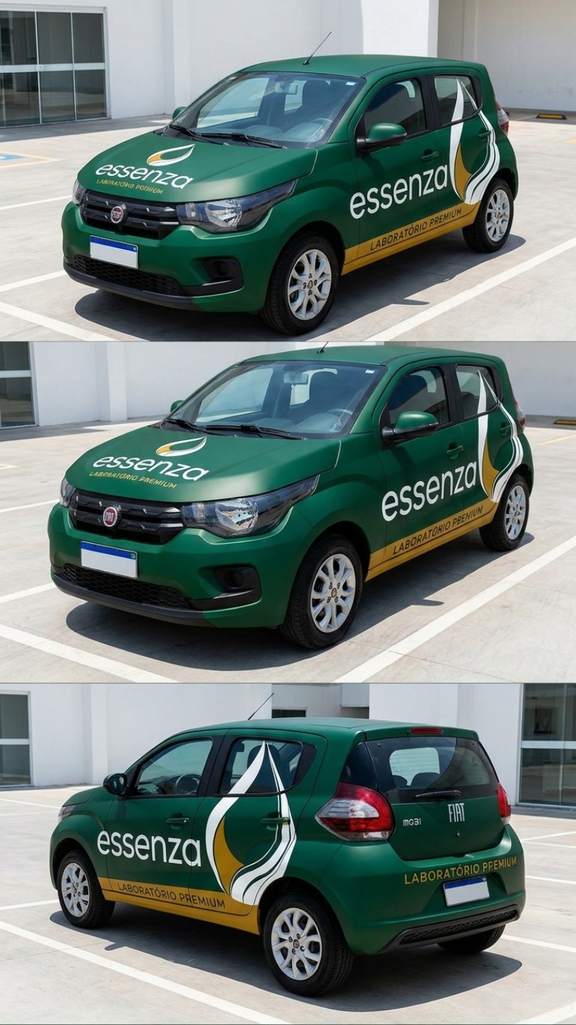 Frota Essenza — Fiat Mobi adesivado em verde com logo do laboratório premium