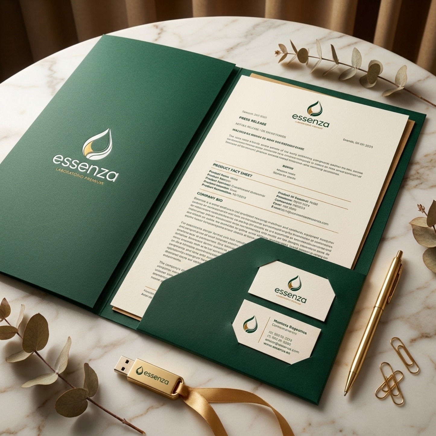 Press kit Essenza — pasta verde com papelaria, cartão de visita e USB dourado